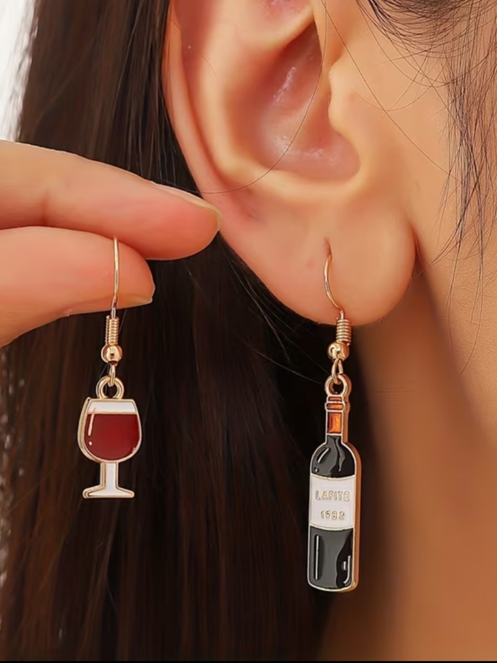 New Red Wine Bottle & Glass Drop Dangle Earrings Gold Black Multicolor Light